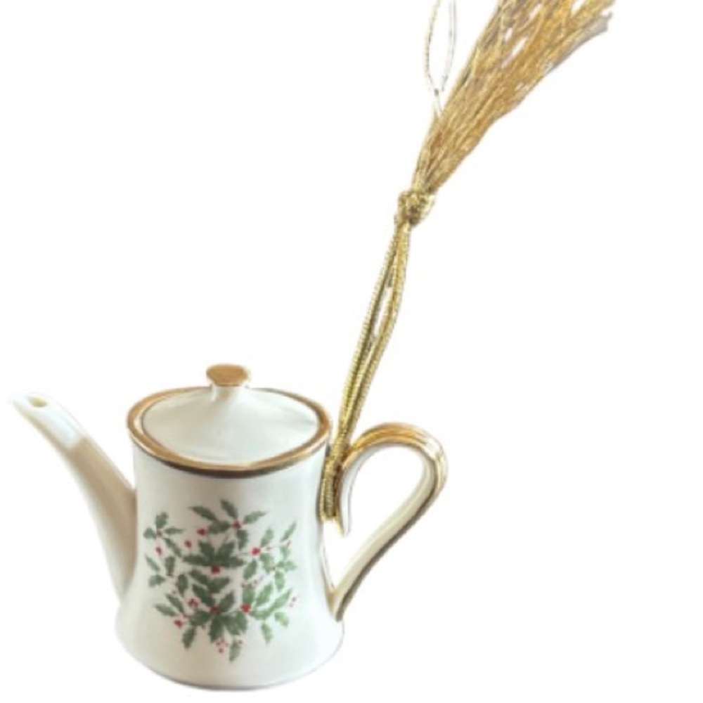 Lenox White Porcelain teapot ornament with Green and Red Holly and Gold Accent